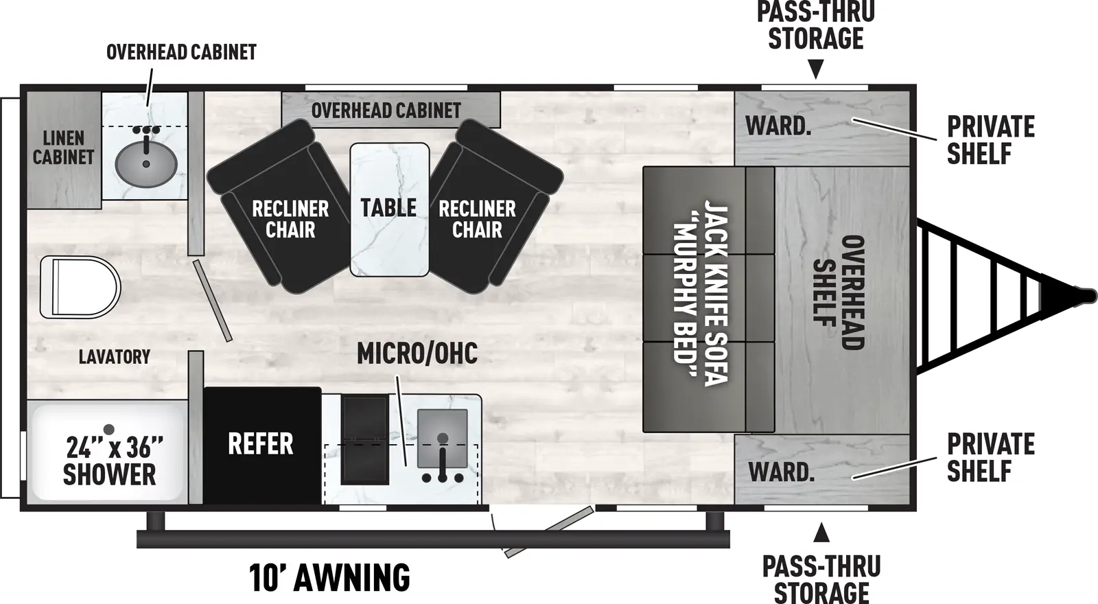 The Viking Travel Trailers 18FQ has one entry and zero slide outs. Exterior features include: metal exterior and 10' awning. Interiors features include: murphy bed and rear bathroom.